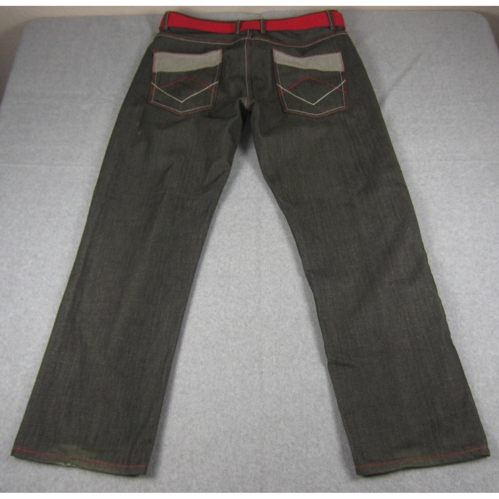 Red Ape Baggy Jeans Mens 38x31 (36x31) Gray Red Stitch Y2K Hip Hop‎ Belted Denim